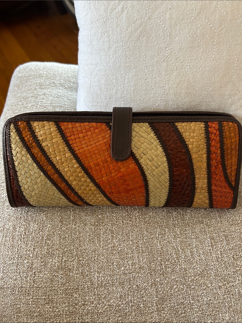 Hand Woven Leather-Trim Orange and Tan Clutch Wallet